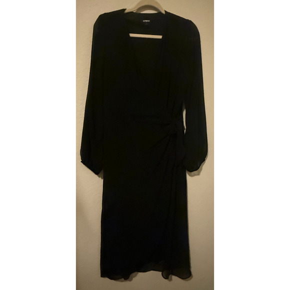 Express Women’s Black Whimsigoth Long Sleeve Faux Wrap Midi Dress Tie Waist - XL - Picture 2 of 9